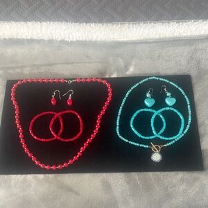 Vibrant Red and Turquoise Beaded Necklace Set